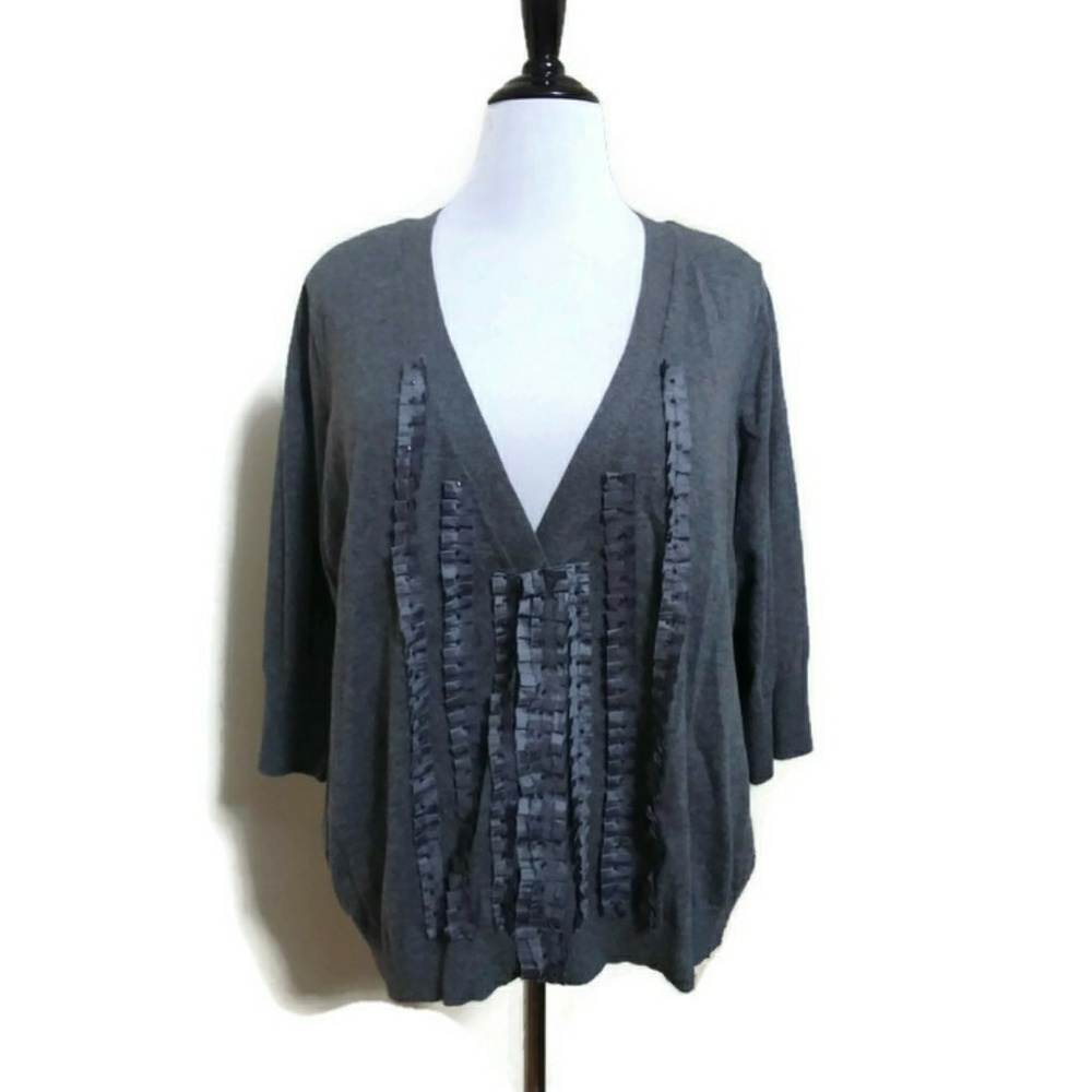 Lane Bryant Grey Lace Trim 3/4 Sleeve Cardigan